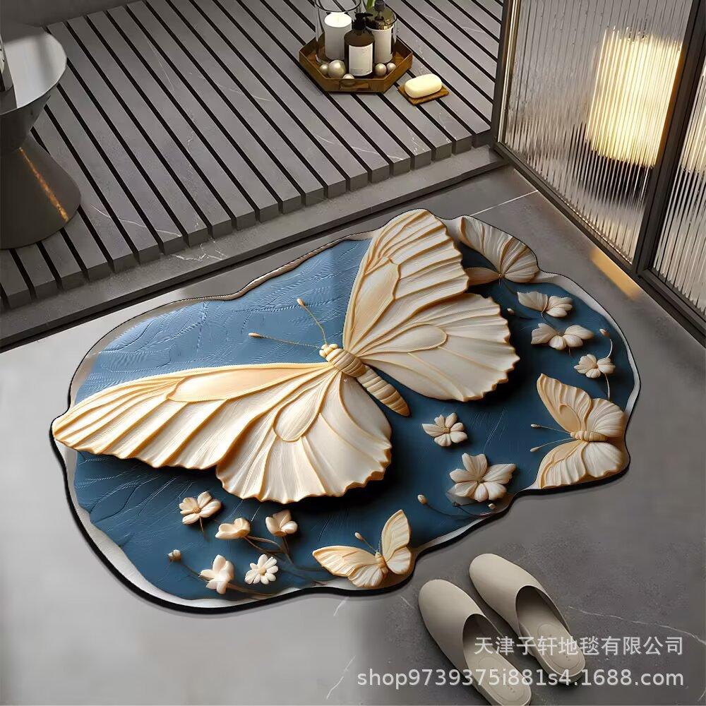 3D Butterfly Carpet Bathroom Entrance Mat Anti Slip and Absorbent Easy To Maintain Floor Mat