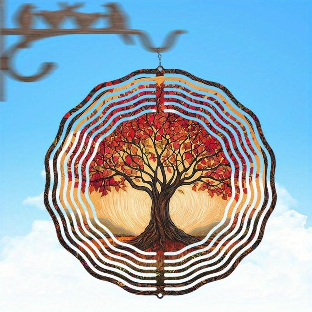 Beautiful Red Maple Tree Pattern Metal Hanging Wind Chime Outdoor Decorative Kinetic Garden Art for Halloween Christmas Thanksgiving Birthday