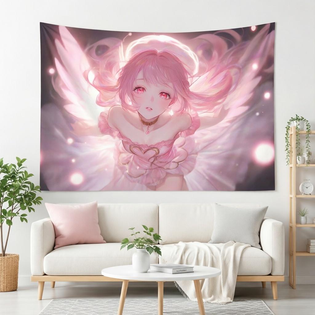 Pink Angel Anime Girl Tapestry Aesthetic Wings Wall Hanging Soft Pastel Kawaii Art Wall Tapestry Bedroom room decoration items