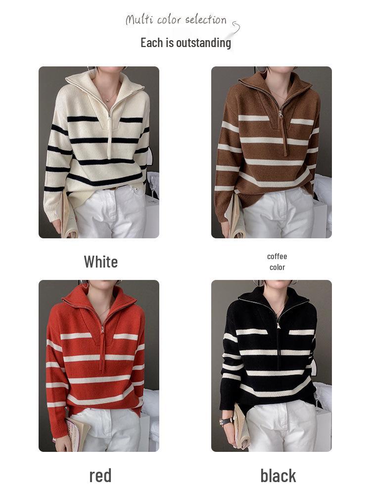 Korean Style Color Block Striped Cashmere Sweater with Half-Zip and Turn-Down Collar for Women