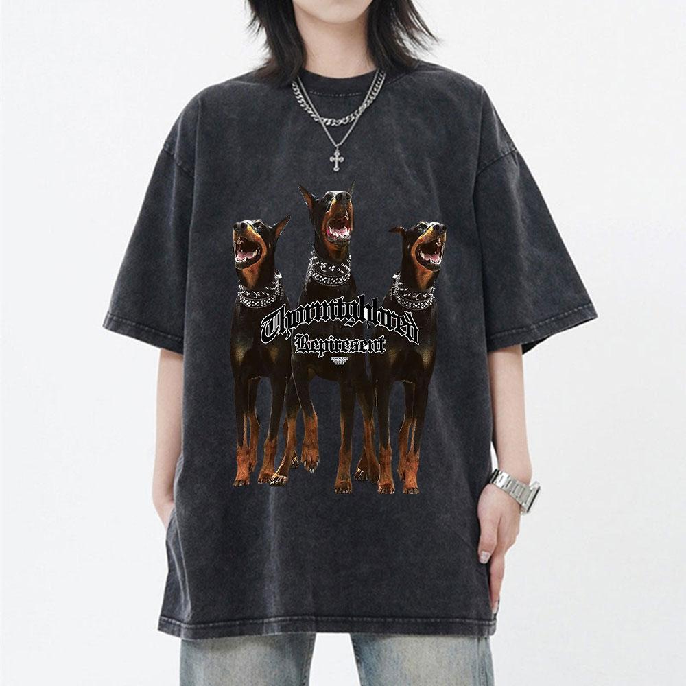 Men Washed T Shirt Oversized Streetwear Hip Hop Doberman Dog Graphic T-shirt Vintage Distressed Cotton Short Sleeve T-shirts