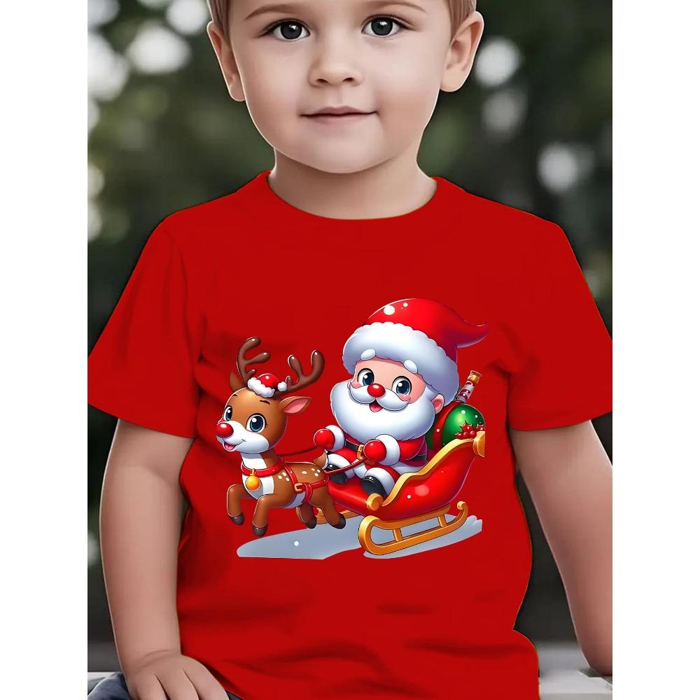 Summer Children's Fashion T-shirt Christmas Santa Claus Printed Outdoor Casual Parent Child Top Sitting on Elk Sled