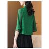 Women's Green Embroidered Chinese Style Blouse V-Neck Chiffon Sleeve Asymmetrical Hem Top