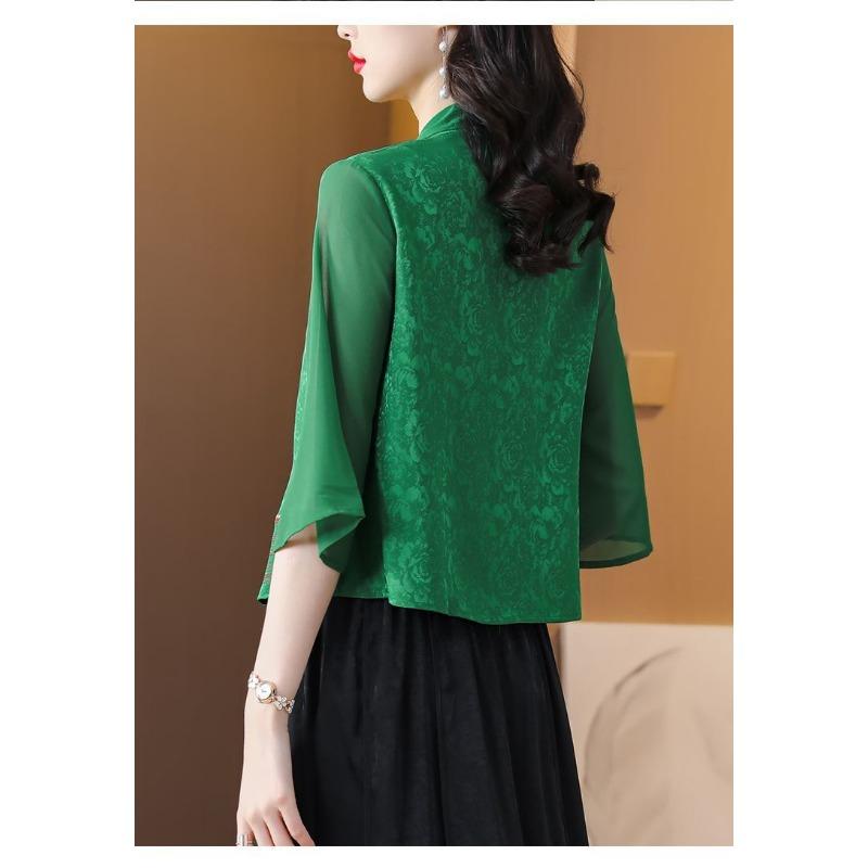 Women's Green Embroidered Chinese Style Blouse V-Neck Chiffon Sleeve Asymmetrical Hem Top
