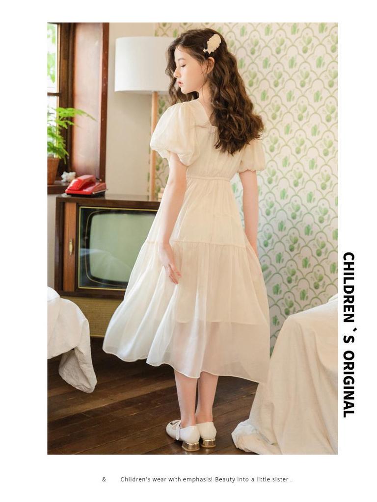 Girls' Chiffon Summer Dress, Short Bubble Sleeves, Long Korean Princess Style 2023.