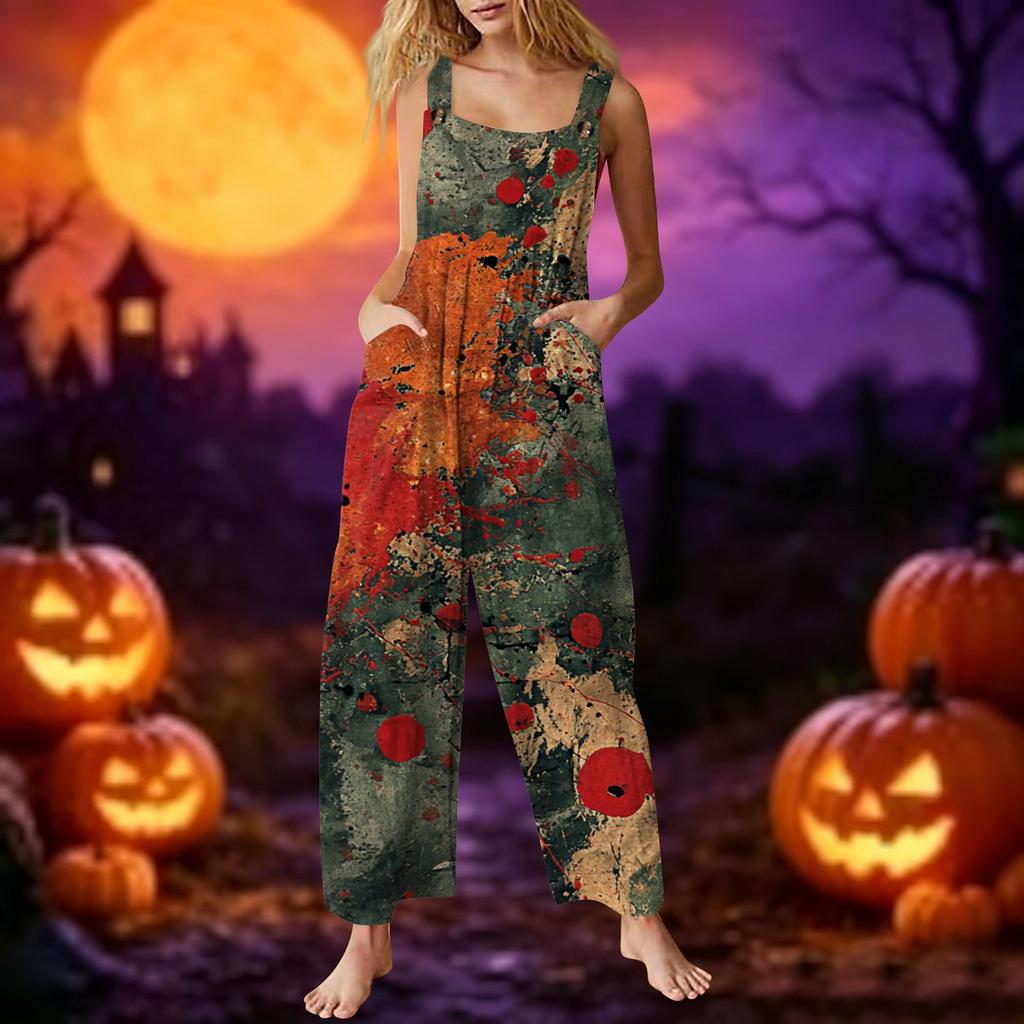 Sleeveless Casual Jumpsuit for Women Cotton One Piece Romper Loose Fit Wide Leg Halloween Print Overall