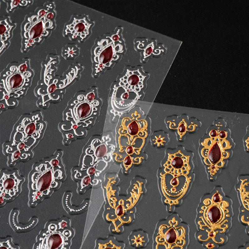 1pc embossed 5D retro light luxury court-style nail sticker with rubies and emeralds, adhesive backing, nail sticker, holiday gift.