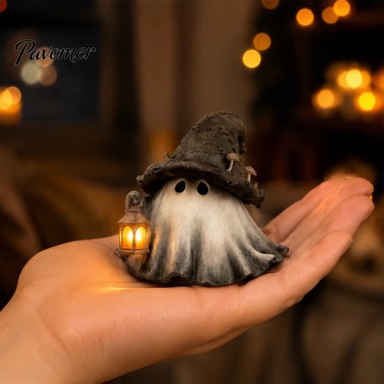 Resin Ghost Figurine Halloween Wizard Hat with LED Lighted Lantern, Vintage Small Table Decor Witch Statue for Fall Tabletop Mantel Home Party