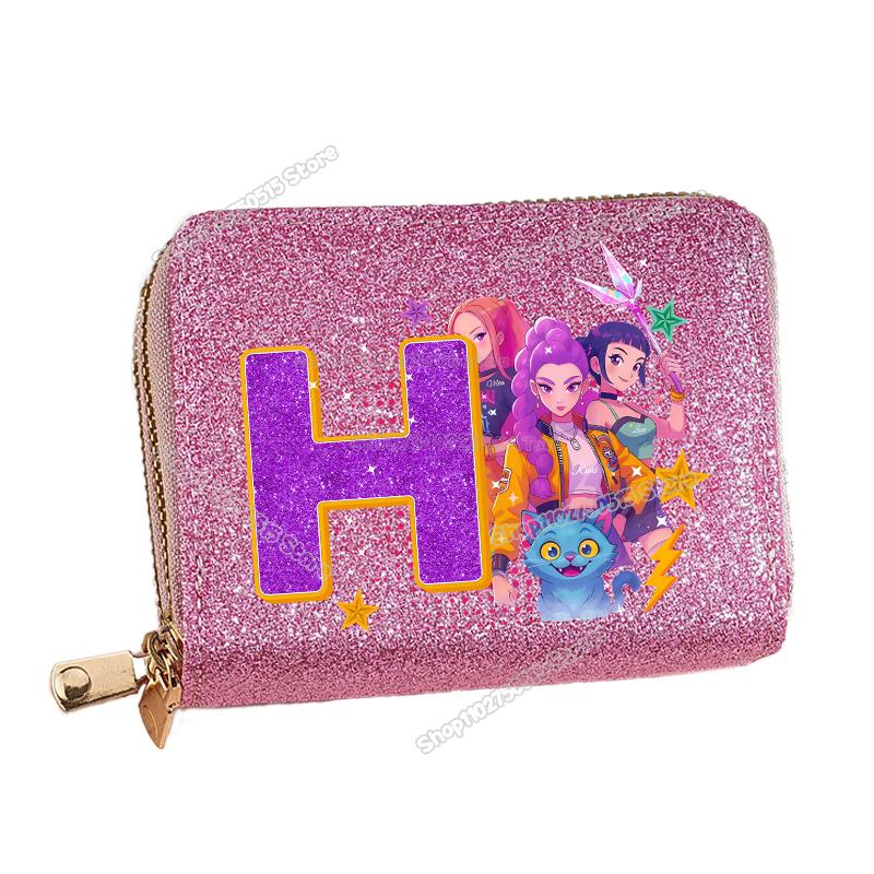 Korean Pop Demon Hunters Letter A-Z Women Short Wallet Bling Sequin Pu Leather Wallets Zipper Coin Purse ID Card Holder Girl Purse