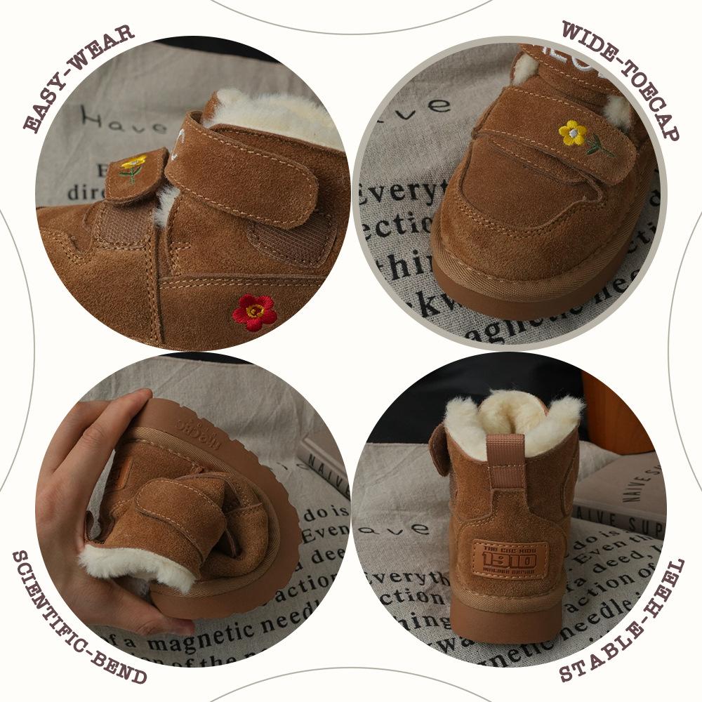 XSHX Retro "embroidered Wool Mouth" Children's Cold-proof Leather Snow Boots Winter Girls Velcro 249091