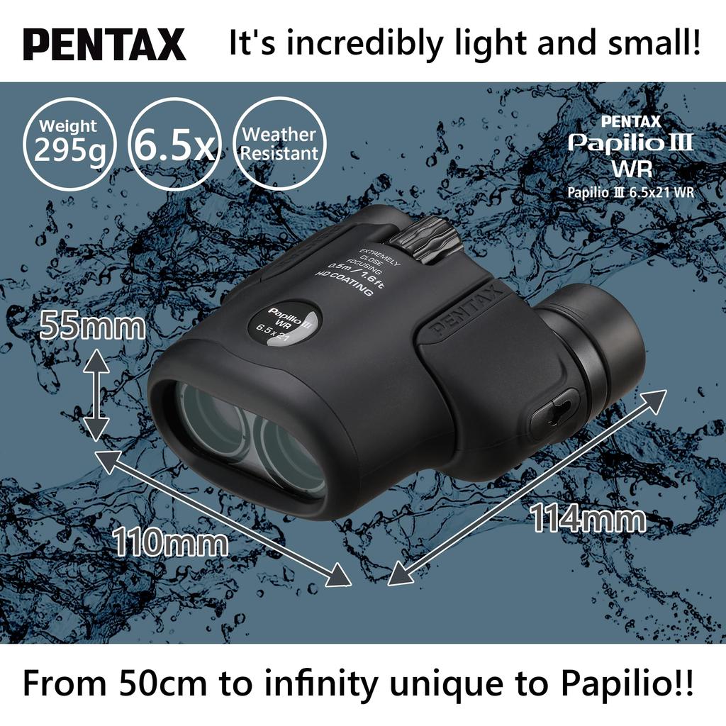 PENTAX Papilio III WR Schwarz, das bei einer minimalen Brennweite für Outdoor-Naturbeobachtungen und Sport fokussiert. Garantie Pentax 62010 6,5x21 Fernglas,
