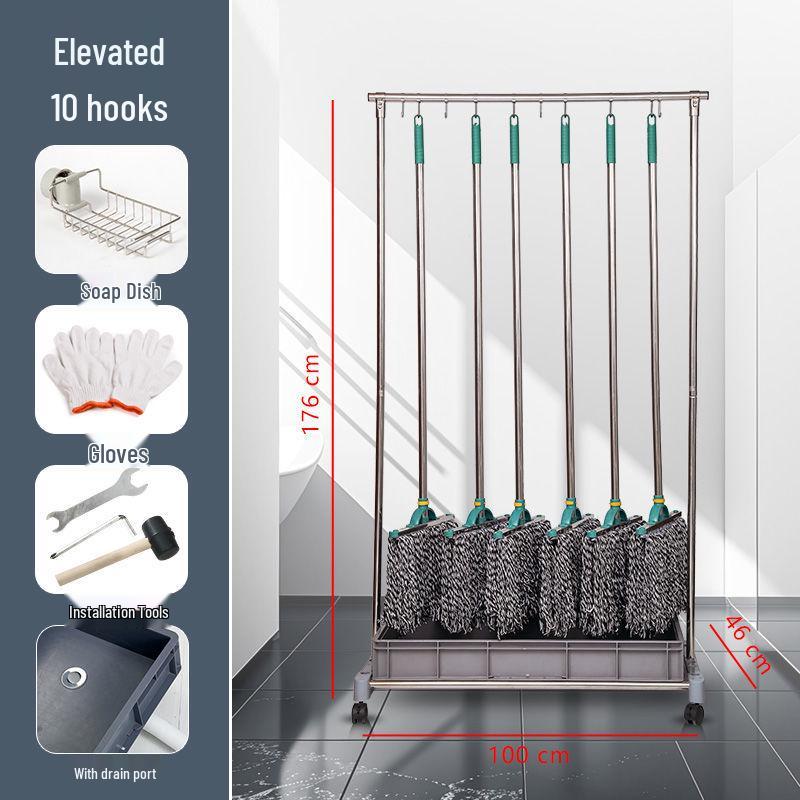 Movable Stainless Steel Mop Storage Rack with Hooks for Floor-Standing Draining in Schools and Factories