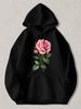 Black Pullover Hoodie with Pink Rose Floral Print Long Sleeve Sweatshirt with Kangaroo Pocket And Drawstring Hood Casual Streetwea