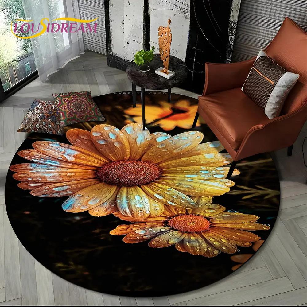 3D Daisy Nordic Flower Sunflower Round Area Rug,Carpet for Living Room Children's Bedroom Sofa Playroom Decor,Non-slip Floor Mat