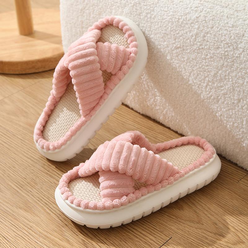 Fashion Cross Strap Corduroy Platform Slippers Women Thick Sole Comfortable Indoor House Slippers Woman Open Toe Non Slip Cotton Shoes