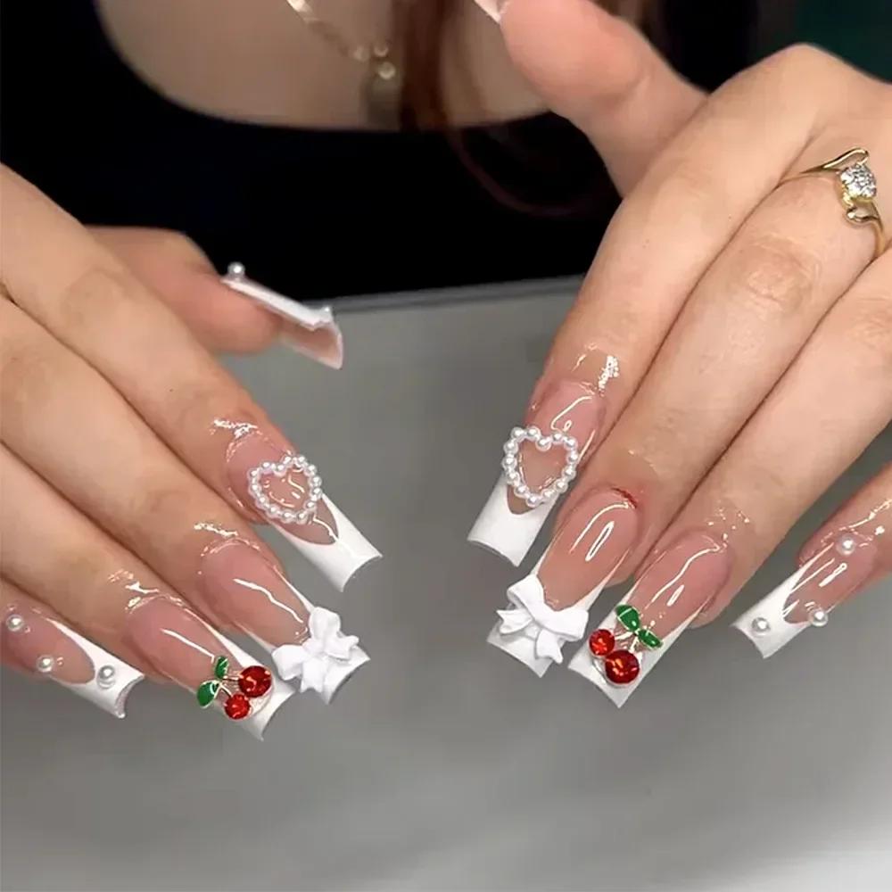 24Pcs Long Coffin False Nails with Love Rhinestone Design Pink French Ballet Fake Nails Manicure Tips Wearable Press on Nails