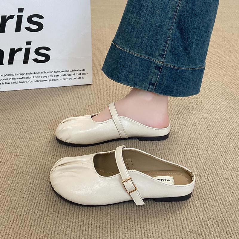 CRLAYDK Mules for Women Adjustable Strap Backless Leather Loafers Slip On Flat Casual Party Work Fold Slides Shoes