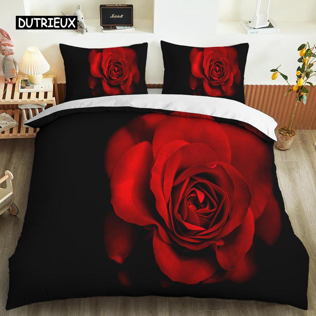 Red Rose Duvet Cover Set Full Size Microfiber Red Flower Quilt Cover for Valentine's Day Mother's Day Wedding Soft Bedding Set