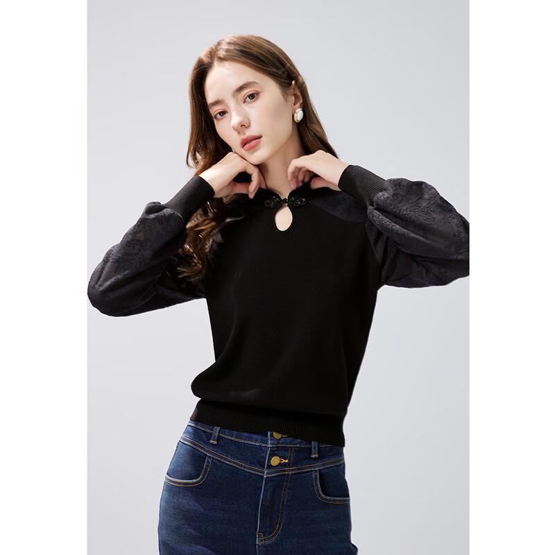 

Qiusbuiyiren Women s New Chinese Style Lace-Sleeve Knit Top L