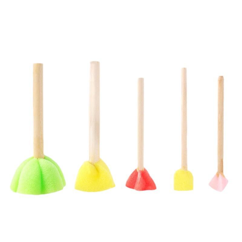 Children's Doodle Round Sponge Stamps with Wooden Handles - 5pcs DIY Painting Brushes