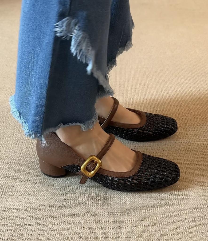 Woven hollow thick heel shoes women's shoes versatile retro square head Mary Jane shoes women's summer high heels are not tired