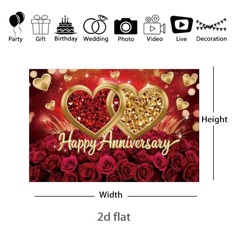 Joyeux Anniversaire Rose Rouge Cœur Doré Toile de Fond Photographique Mariage Anniversaire de Mariage Fête de Couple Fond Photo