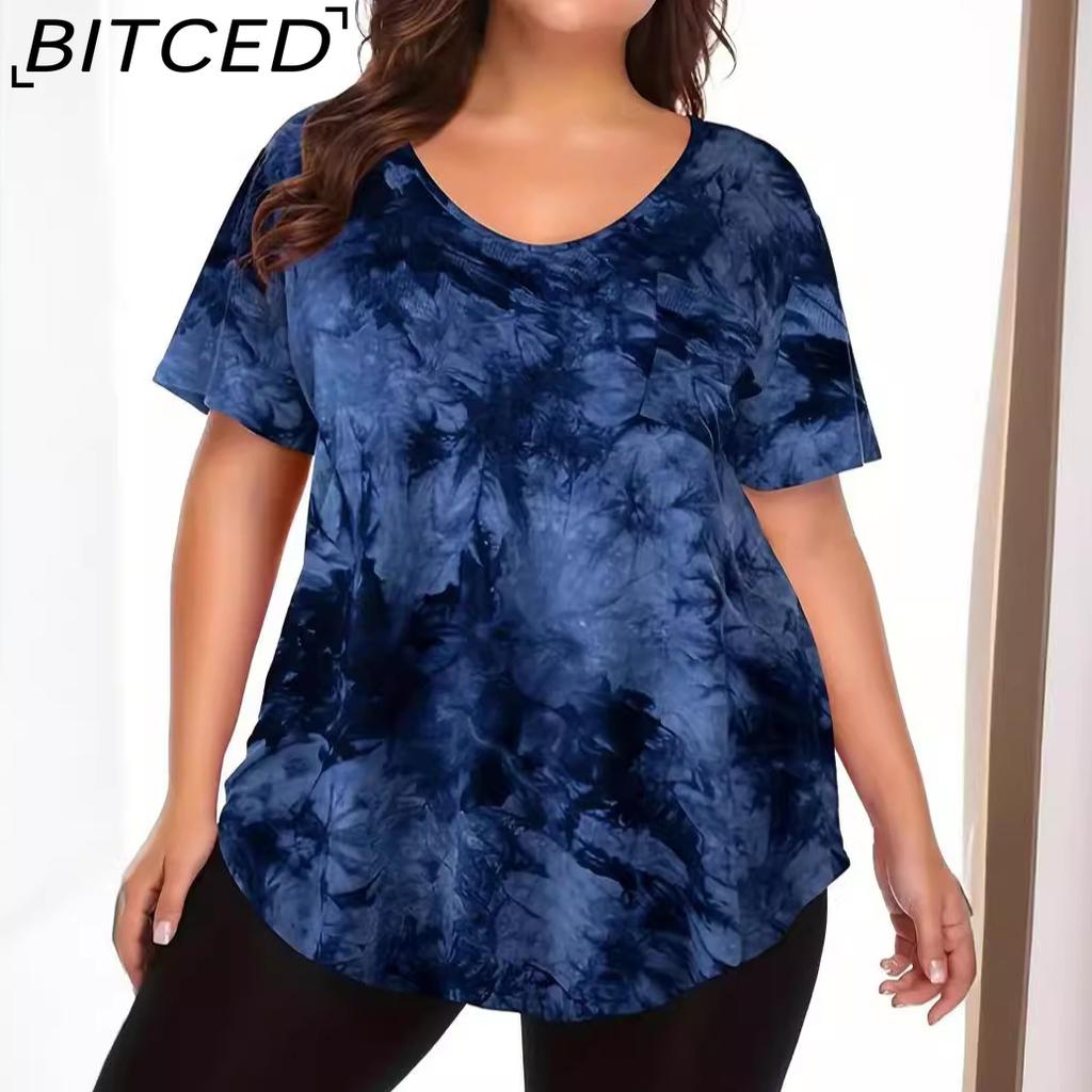 BITCED Summer Fashion V-Tie Pocket Tie-Dye Large Size Women's T-Shirt Short Sleeve Top