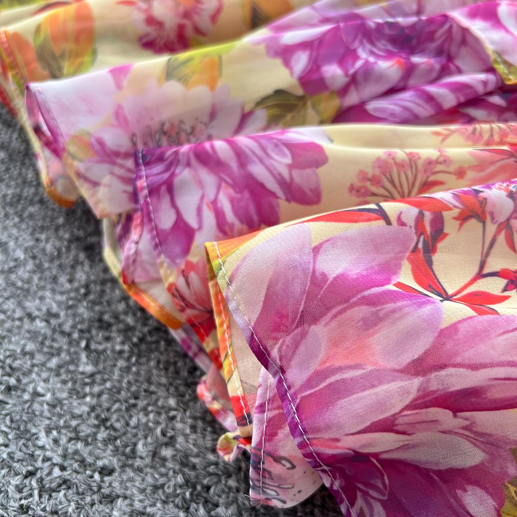 Retro V-Ausschnitt Schmetterlingsärmel Druck Chiffon Elegantes Sommerkleid A-Linie Schlagärmel Urlaubsdruck Damenkleider