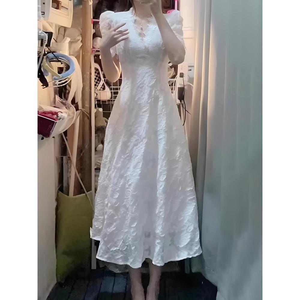 

Сладкое и нежное платье с кружевными рукавами-буфами и V-образным вырезом, женское летнее новое платье чайного цвета с завышенной талией и стройнящее XL- (recommended 110-60kg)