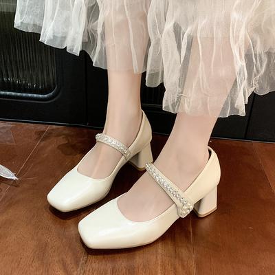 Damen Sommer neue Mode Strass Mary Jane Flachmund eckige Zehen dicker Absatz Temperament Wort Klettverschluss Schuhe aus Kunstleder