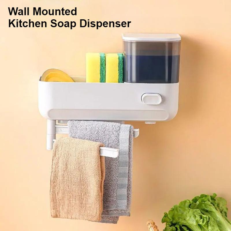 With Drain Tray Wall Mounted Soap Dispenser With Sponges Holder Hand Press Dishwashing Liquid Holder Large Capacity Waterproof
