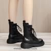Fashion Black Leather Cross Lace Up Boots Women Fashion Round Toe Platform Flat Heel Ankle Boots Stretch Cloth INS Real Leather Shoes