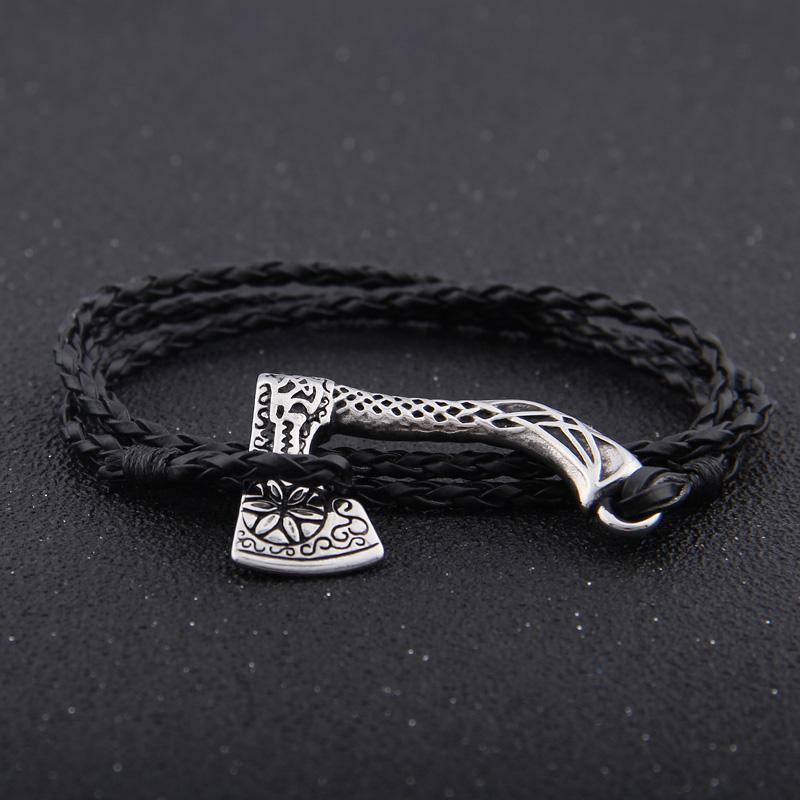 Viking Valknut Axe Leather Bracelet for Men Women Nordic Jewelry Gift with Wooden Box