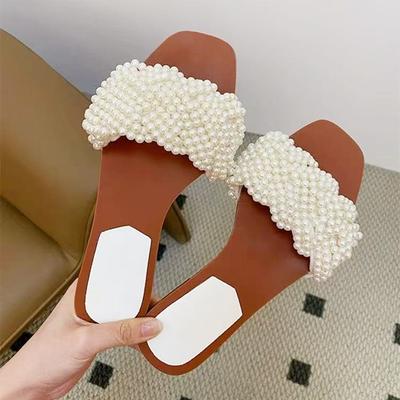 Luxury White String Bead Women Slippers Fashion Pearl Weaving  Flat Slippers  Summer Comfortable Beach Slide Sandals