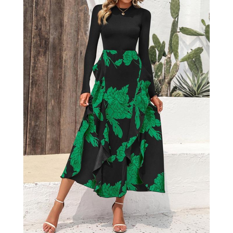 Autumn Women's Dress Fashion Splicing Floral Long Dress Round Neck Long Sleeve Ruffle Dresses