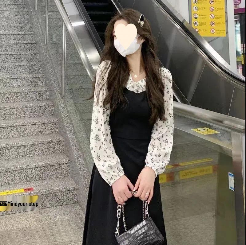 Elegant Autumn Floral Dress: French-Inspired, Two-Piece Look, All-Match Fairy Style