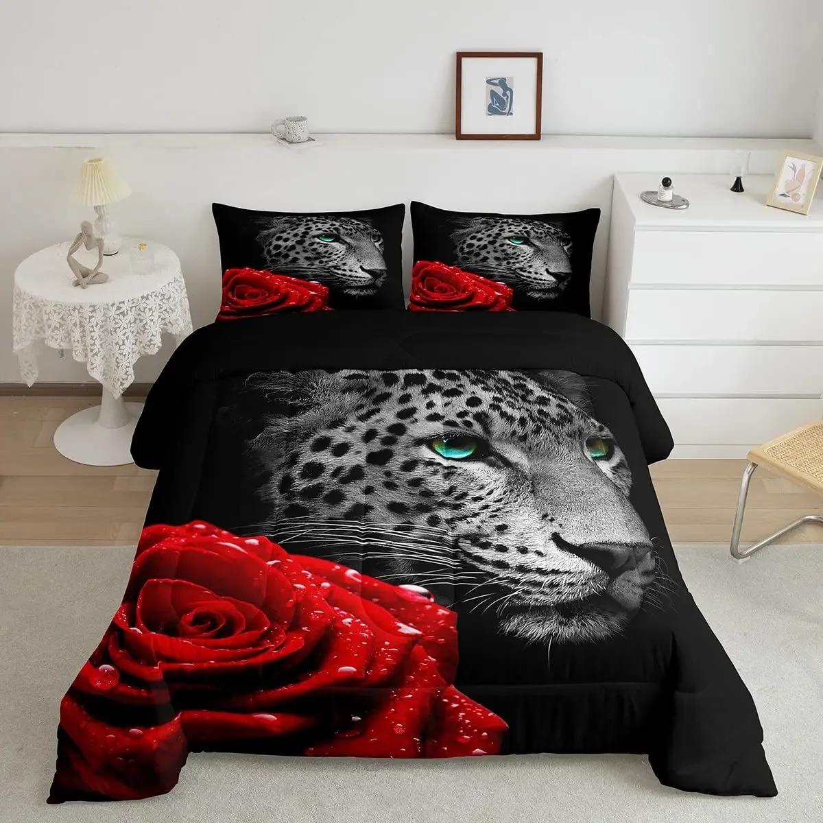 

Постельное белье с леопардовым принтом King Queen Full Cheetah, комплект постельного белья, пододеяльник с изображением животных африканской саванны, покрывало из полиэстера с цветком розы 70x133cm 2pcs