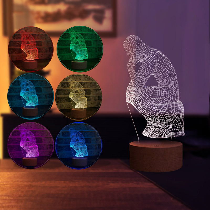 

3D-мыслящий человек Led Night Light, деревянная основа, адаптер 12 В, 7 цветов, настольная лампа
