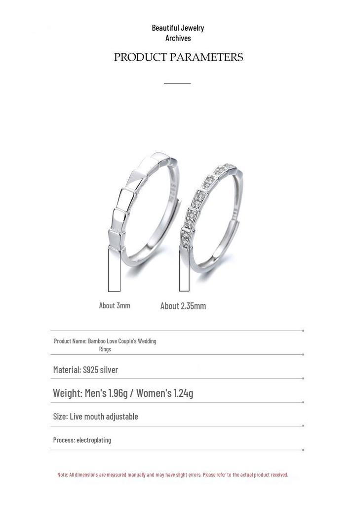 S925 Sterling Silver Adjustable Wedding Rings, Simple INS Style, for Couples