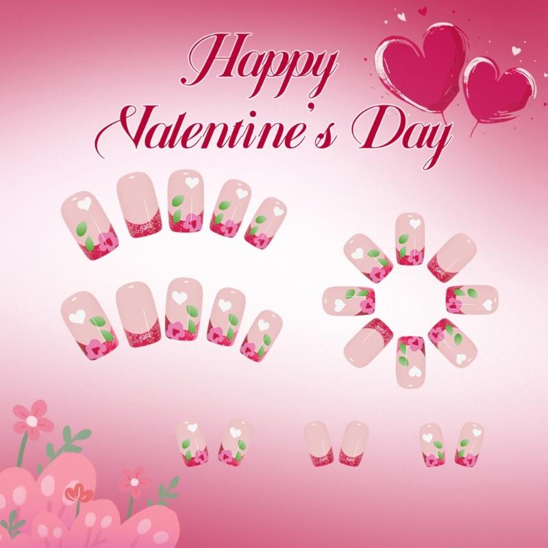 24Pcs Valentines Glitters Sparkling Heart French False Nail Short Square Press On Nail Pink Blush Flame Design Easy Application Multiple Sizes