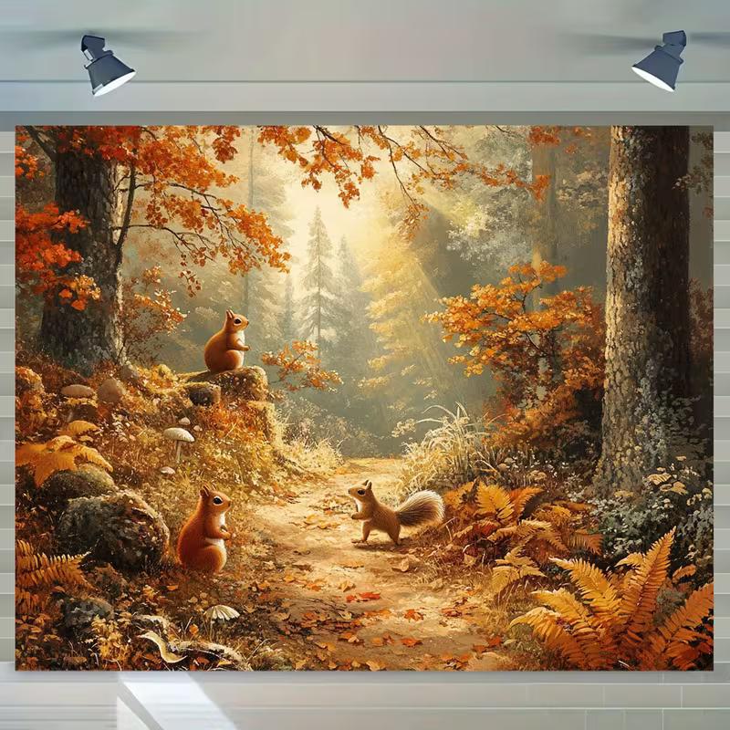 

2D Autumn Forest Backdrop, Sunlit Path with Squirrels for Fall Themed Parties and Photography 47.2x31.5inch/120*80cm