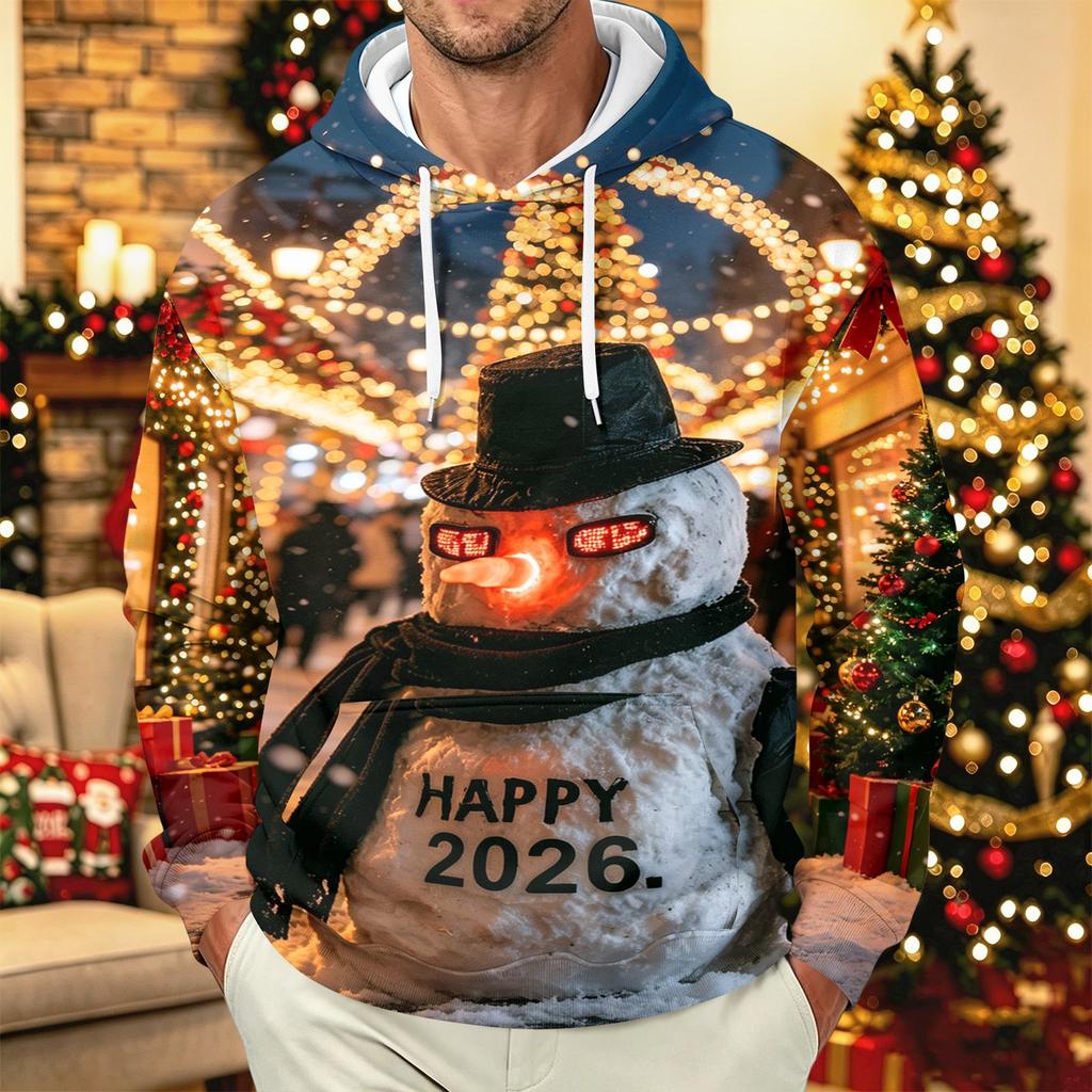 Men's Long Sleeve Hooded Sweatshirt with Christmas Print for Holiday Casual Wear