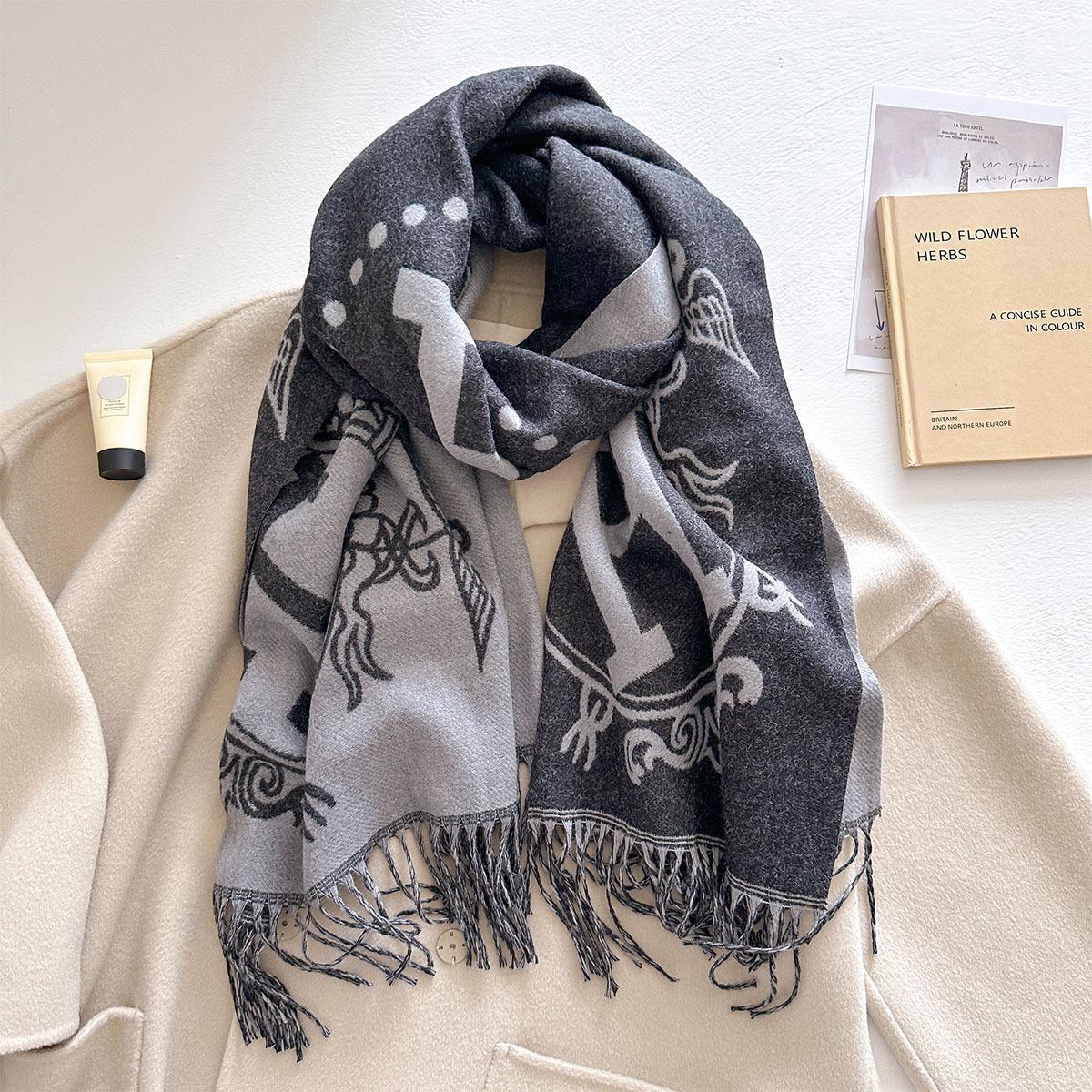 

Autumn and winter new alphabet carriage warm scarf women s fashion thickened imitation cashmere scarf medium and long fringed shawl 200*60cm