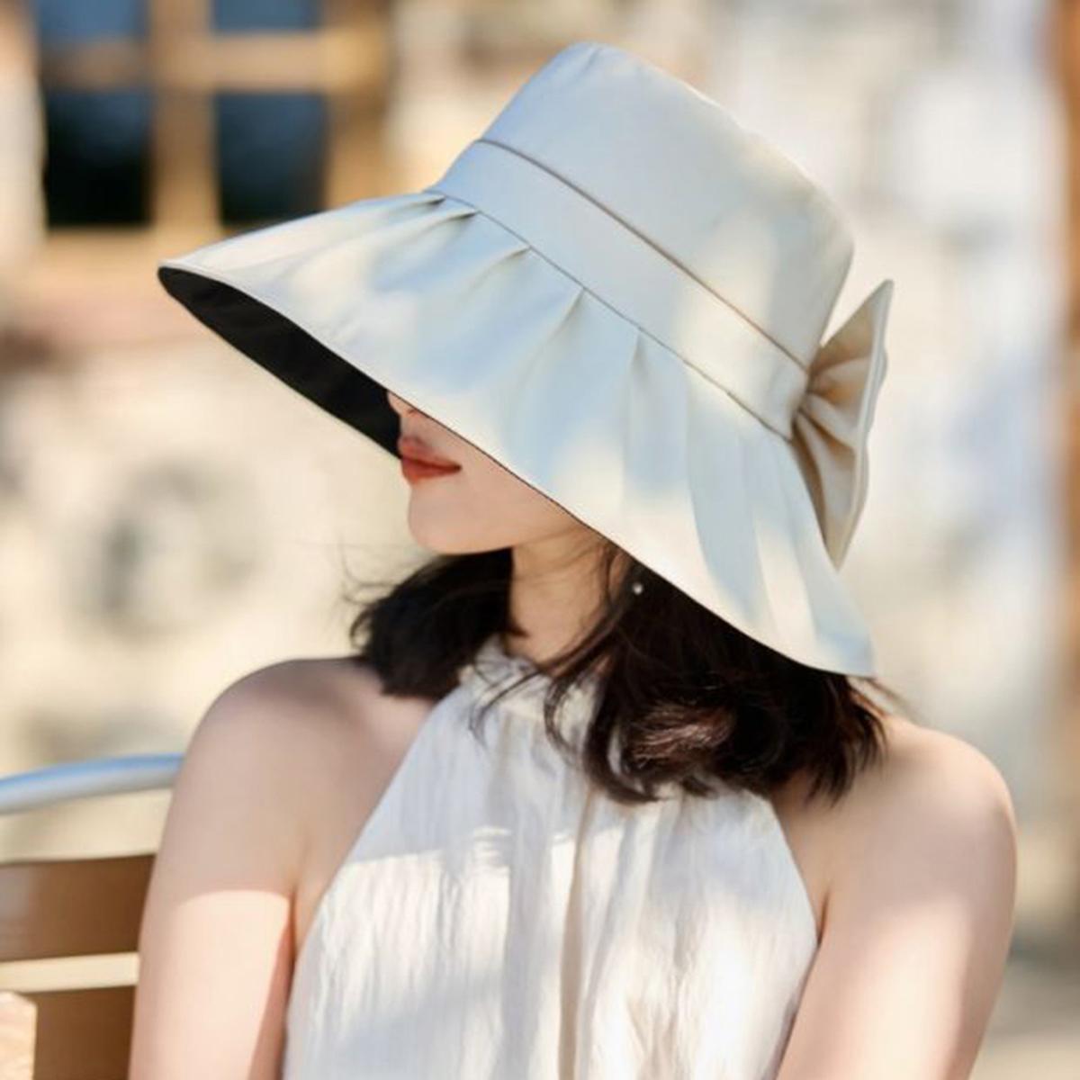 

women s wide-brimmed fisherman hat, outdoor anti-UV cycling sun hat, elegant, fashionable, versatile, large bow sun hat, белый