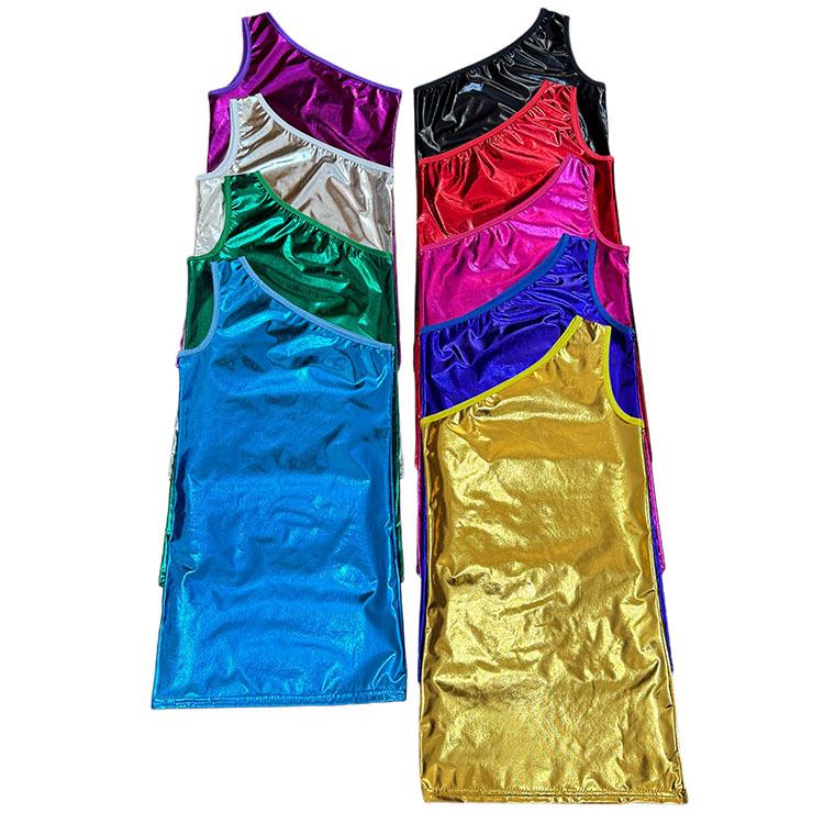 Damen Glänzendes Asymmetrisches Tanzkleid mit Goldprägung - Ärmellos, Einseitig schulterfrei, Rundhalsausschnitt