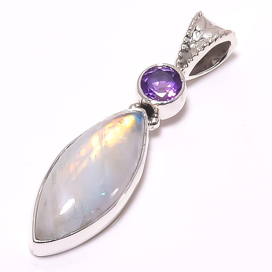 Piatra Lunii Curcubeu Naturală, Ametist Argint Sterling Solid 925 Pandantiv 1.38" R1K94