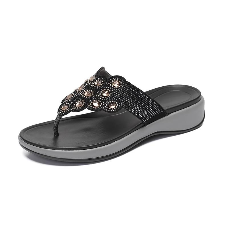 Fashion GKTINOO Fashion New Genuine Leather Slippers Anti-skid Summer Flip Flops Beach Rhinestone Sandals Mom Shoes For Outside