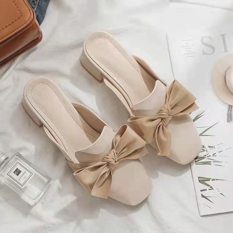 Fashion Cover Toe Half Slippers for Women's Flat Shoes Fashion Casual Bowknot Square Heel Slingback Slip-On Outdoors Slipper
