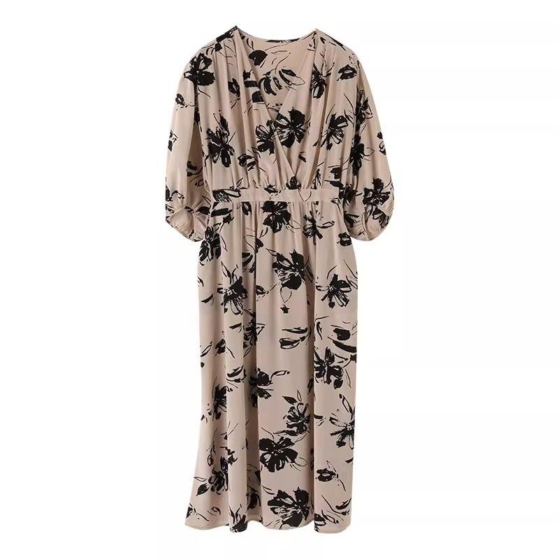 Women's Summer Korean Style V-Neck Niche High-End Waist-Cinching Temperament Dress Mid-Length Skirt