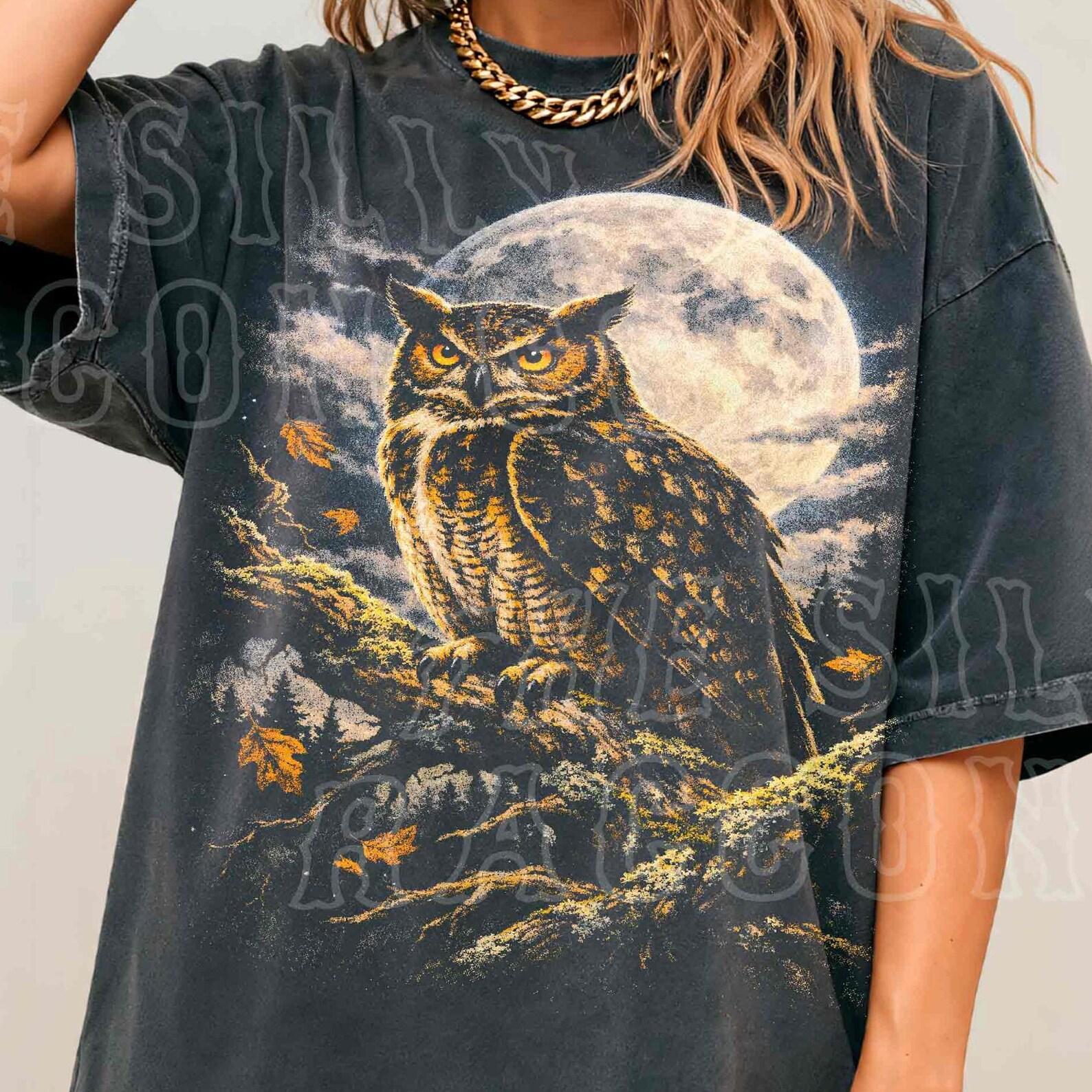 Vintage Owl Shirt Full Moon Graphic Tee Retro Nature Wildlife T-shirt Dark Academia Woodland Aesthetic Gift For Owl Lover S